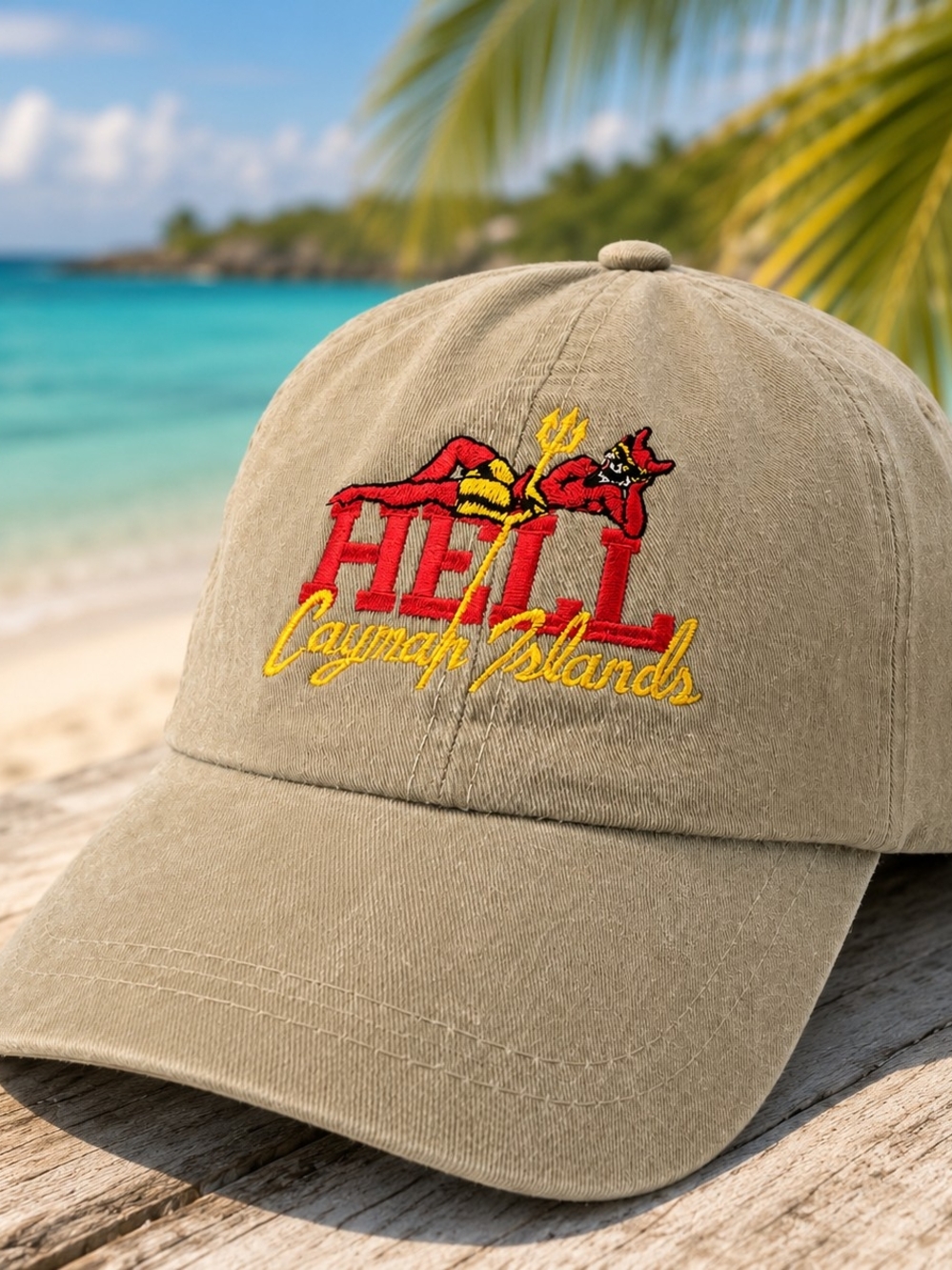 Vintage Hell Cayman Islands Devil Khaki Open Back Elastic Dad Hat Cap